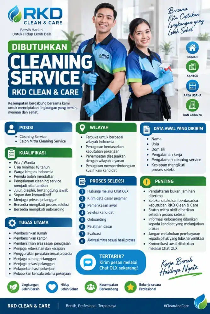 DIBUTUHKAN MITRA CLEANING SERVICE & TENAGA FREELANCE
