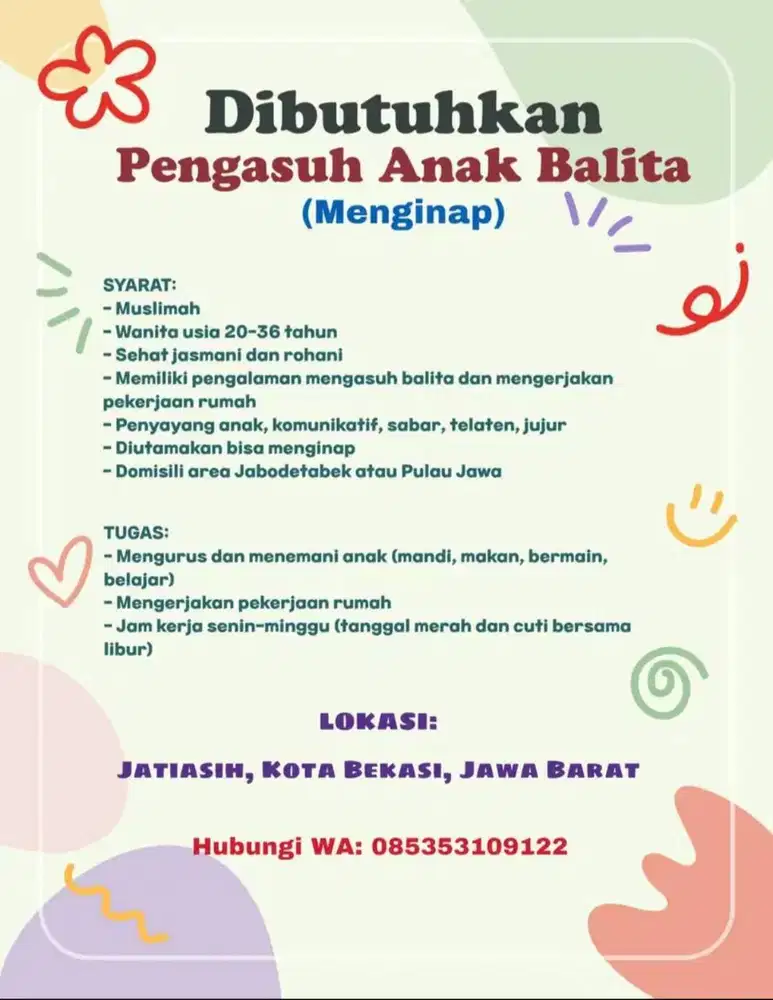 Dibutuhkan Pengasuh Anak Balita (Diutamakan bisa menginap)
