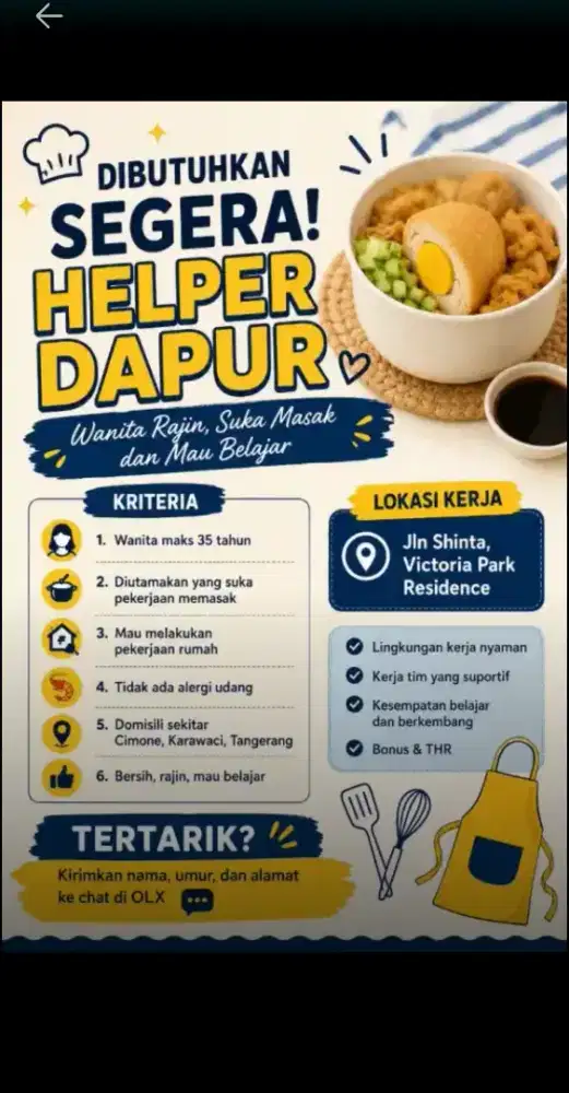 DIBUTUHKAN SEGERA - HELPER DAPUR (WANITA)