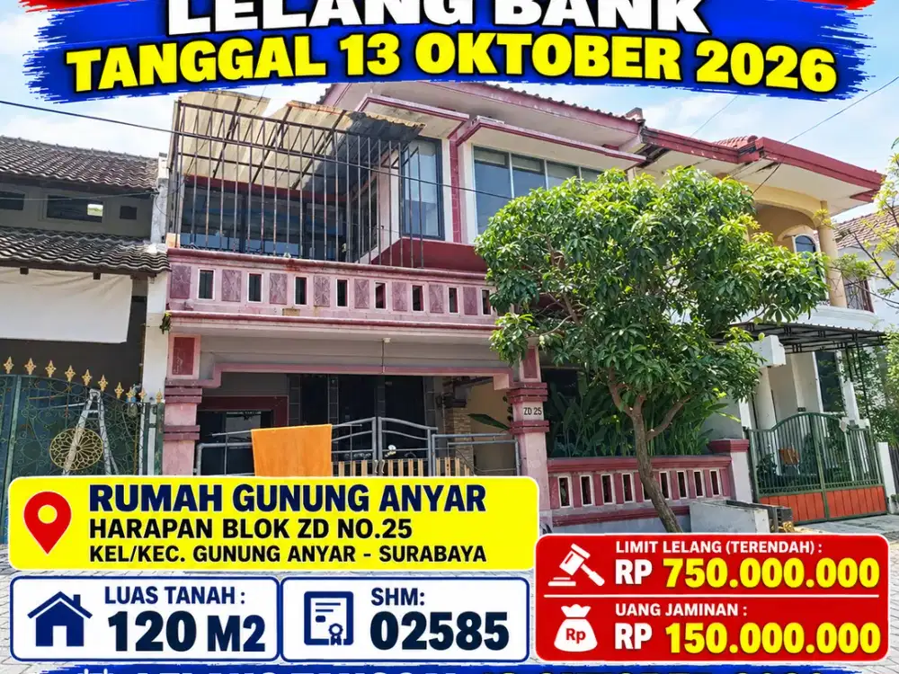 GUNUNGANYAR - LUAS 120 M2!! DIJUAL RUMAH VIA LELANG DI PERUMAHAN GUNUNG ANYAR HARAPAN SURABAYA