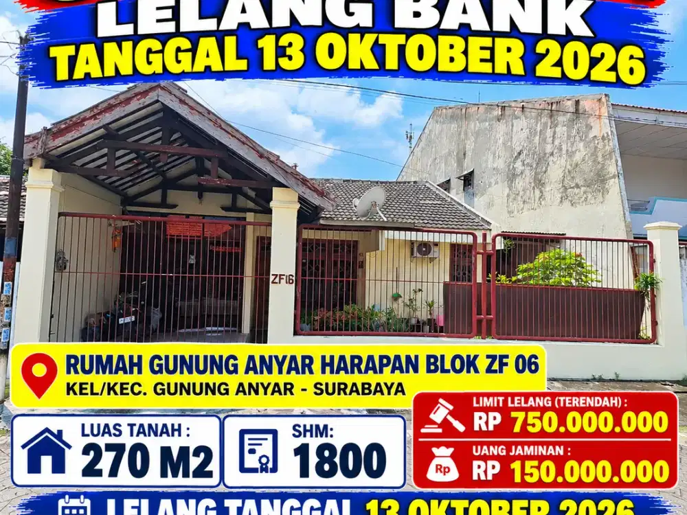 GUNUNG ANYAR - LUAS 270 M2!! DIJUAL RUMAH VIA LELANG DI PERUMAHAN GUNUNG ANYAR HARAPAN BLOK ZF - SURABAYA