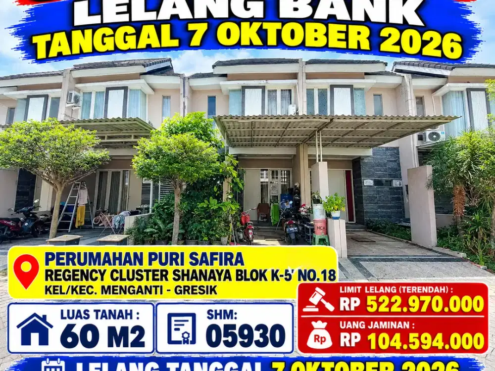 MENGANTI – 2 LANTAI!! DIJUAL RUMAH VIA LELANG DI PERUMAHAN PURI SAFIRA REGENCY CLUSTER SHANAYA - GRESIK