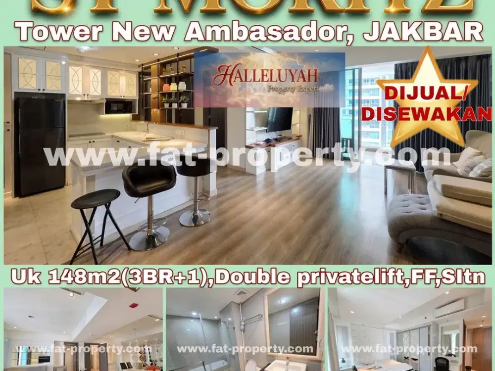 MURAH!Dijual/disewakan Apt ST MORITZ Twr New Ambasador 148m2(double privatelift),Sltn,fully furnished mewah
