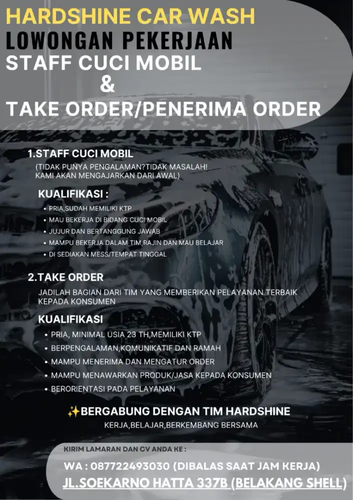 Open Loker Staff Cuci Mobil dan Take Order/Penerima Order