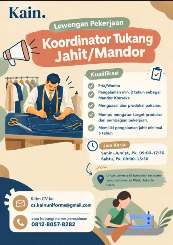 Lowongan Kerja Mandor/Koordinator Tukang Jahit
