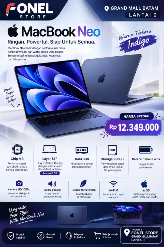 MacBook neo warna indigo ready stock di fonel grand mall batam