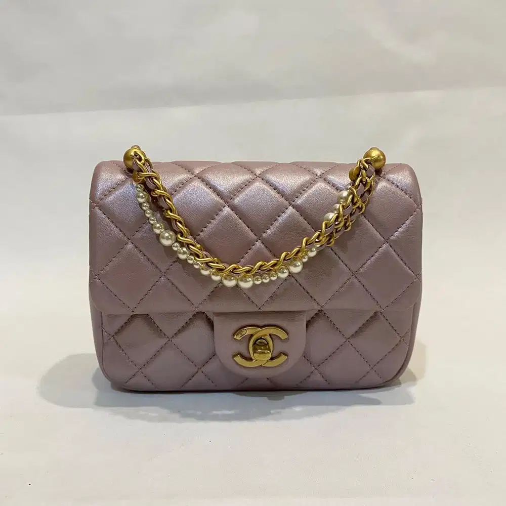 Preloved Mini Square Pearl Flap Bag Light Pink Iridescent Lambskin