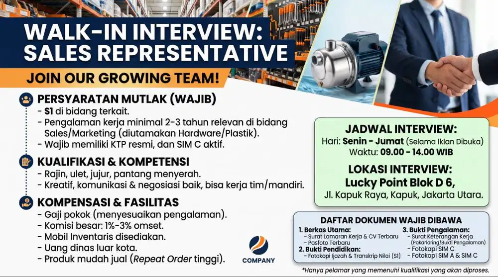 LOWONGAN KERJA TERBUKA: Sales Representative — Langsung Interview!