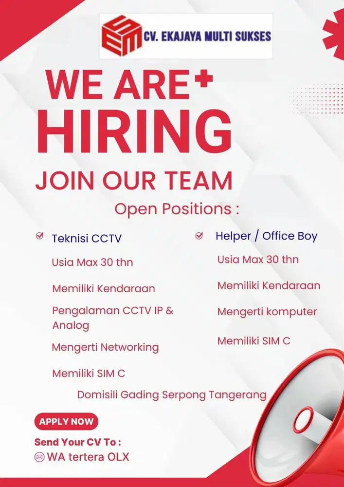 Dibutuhkan Segera Teknisi CCTV & Helper / Office Boy