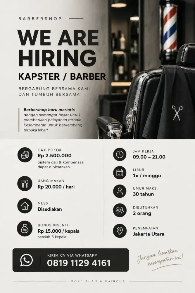 Open Loker Dicari Karyawan Barbershop dan Penjaga Ropang