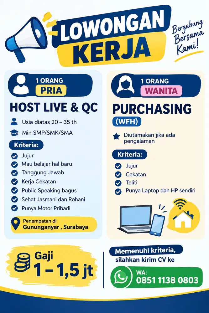 Loker untuk 1 Pria sbg Host Live & QC, 1 Wanita sbg Purchasing ( WFH)