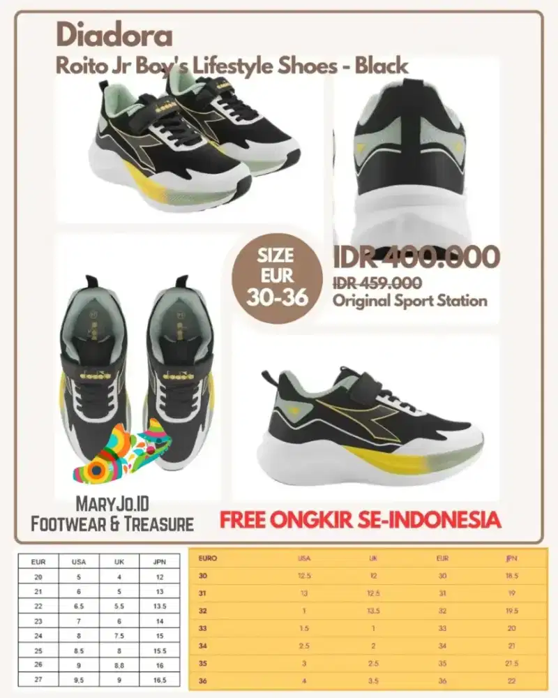 Diadora Roito Jr Boy's Lifestyle Shoes - Black : Size 30-36