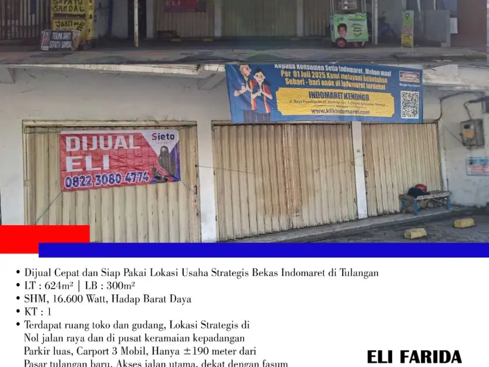 Dijual Cepat dan Siap Pakai Lokasi Usaha Strategis Bekas Indomaret di Tulangan