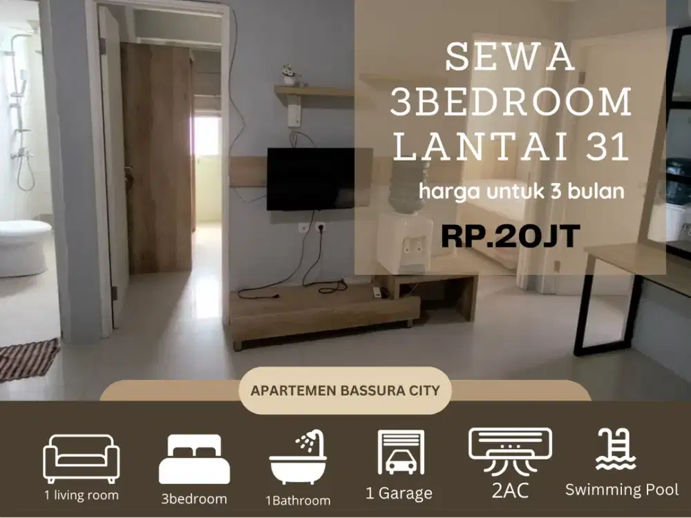 Sewa 3kamar full furnish fasilitas lengkap aprtemen bassura city