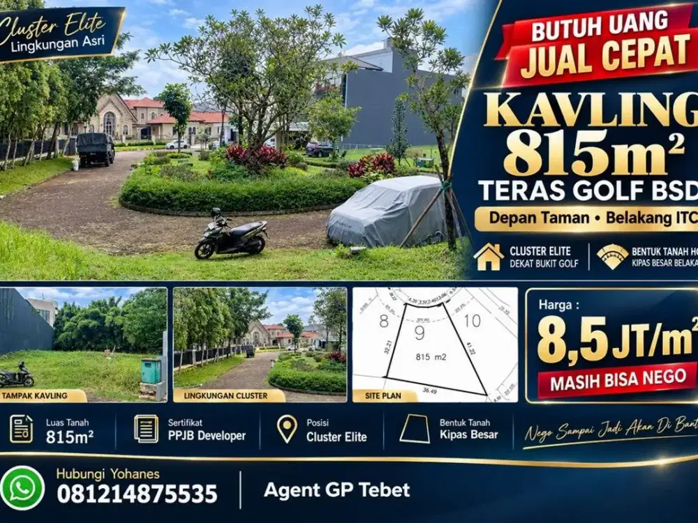 Kavling 815mtr Teras Golf BSD depan Taman belakang ITC