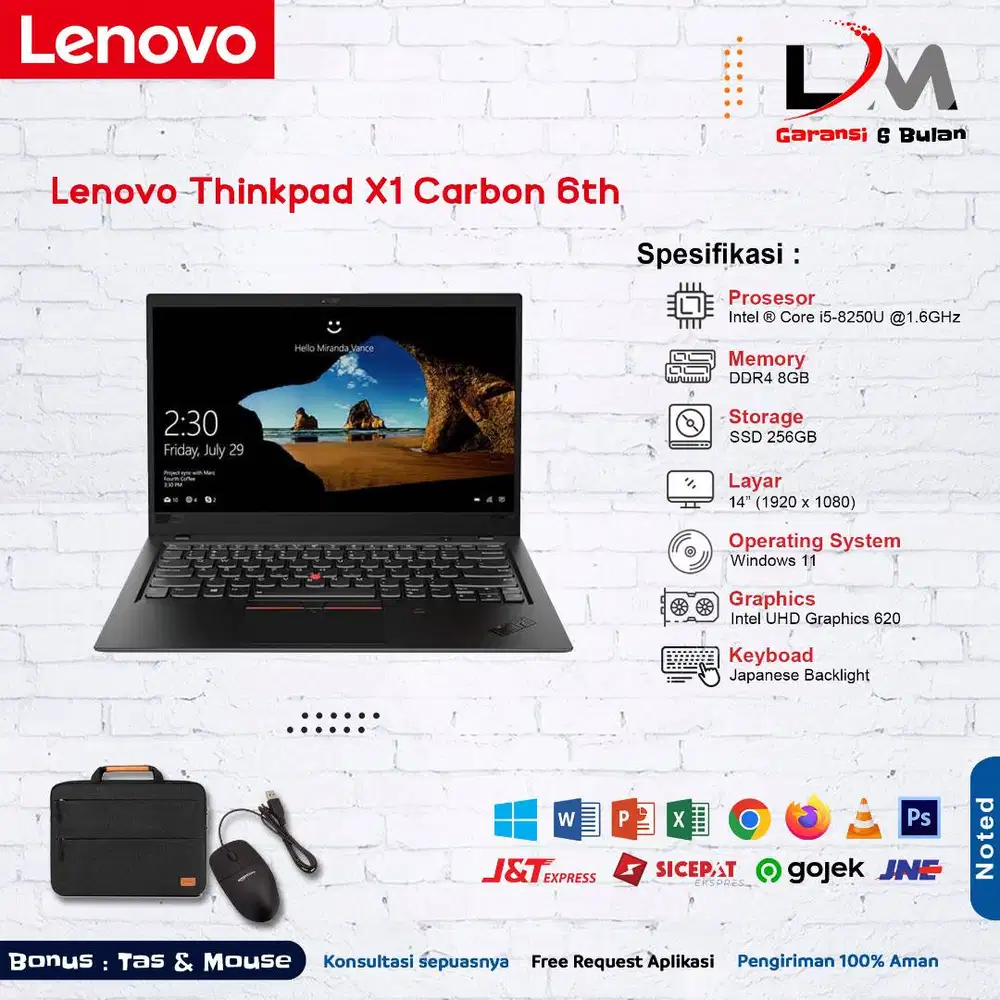 Lenovo Thinkpad X1 Carbon 6th i5 Gen 8 Ram 8GB SSD 256GB 14 FHD Win 11