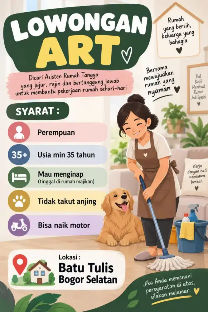 Dicari ART untuk lokasi di Bogor Selatan
