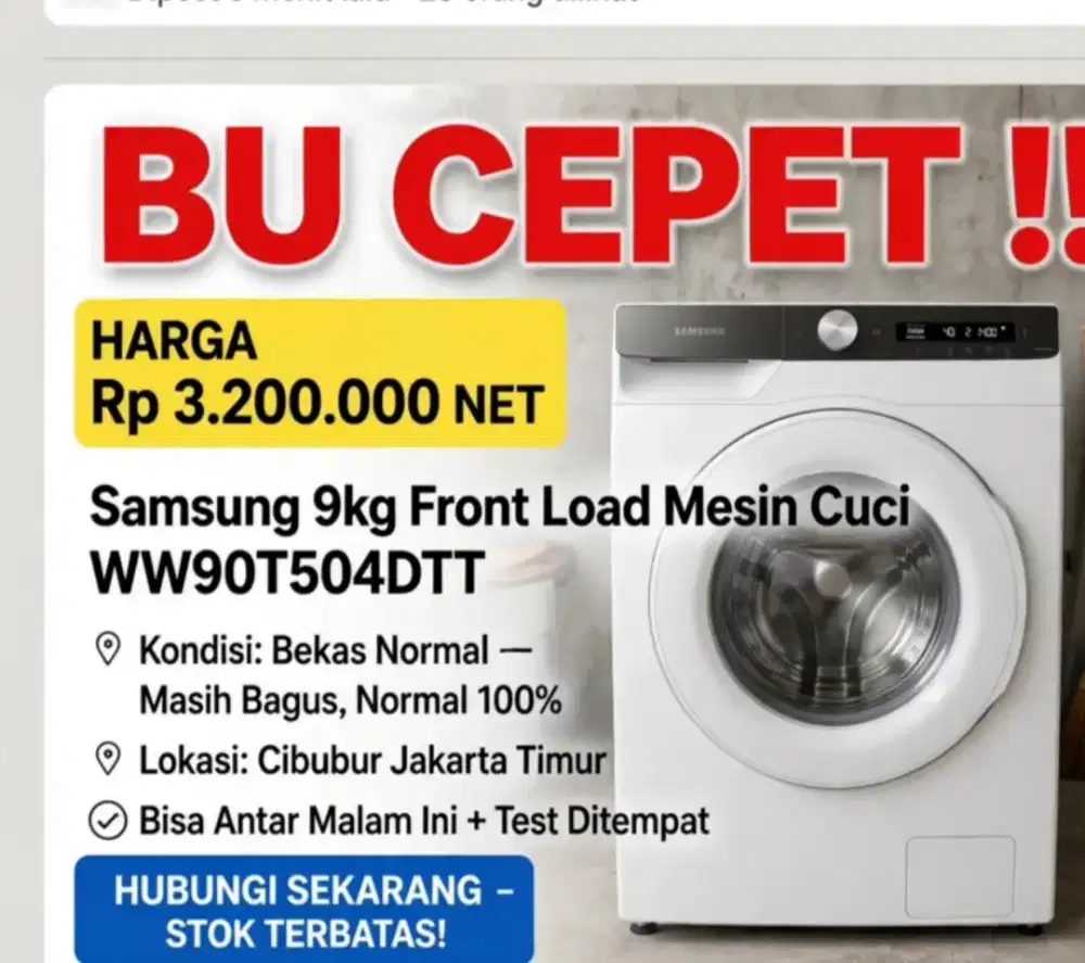 mesin cuci satu tabung merek Samsung kapasitas 9kg front loading