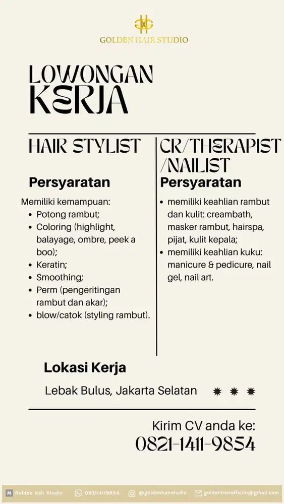 Lowongan pekerjaan Hairstylist dan Capster/Terapis