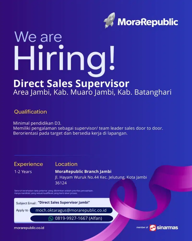 Dibutuhkan Direct Sales Supervisor MoraRepublik