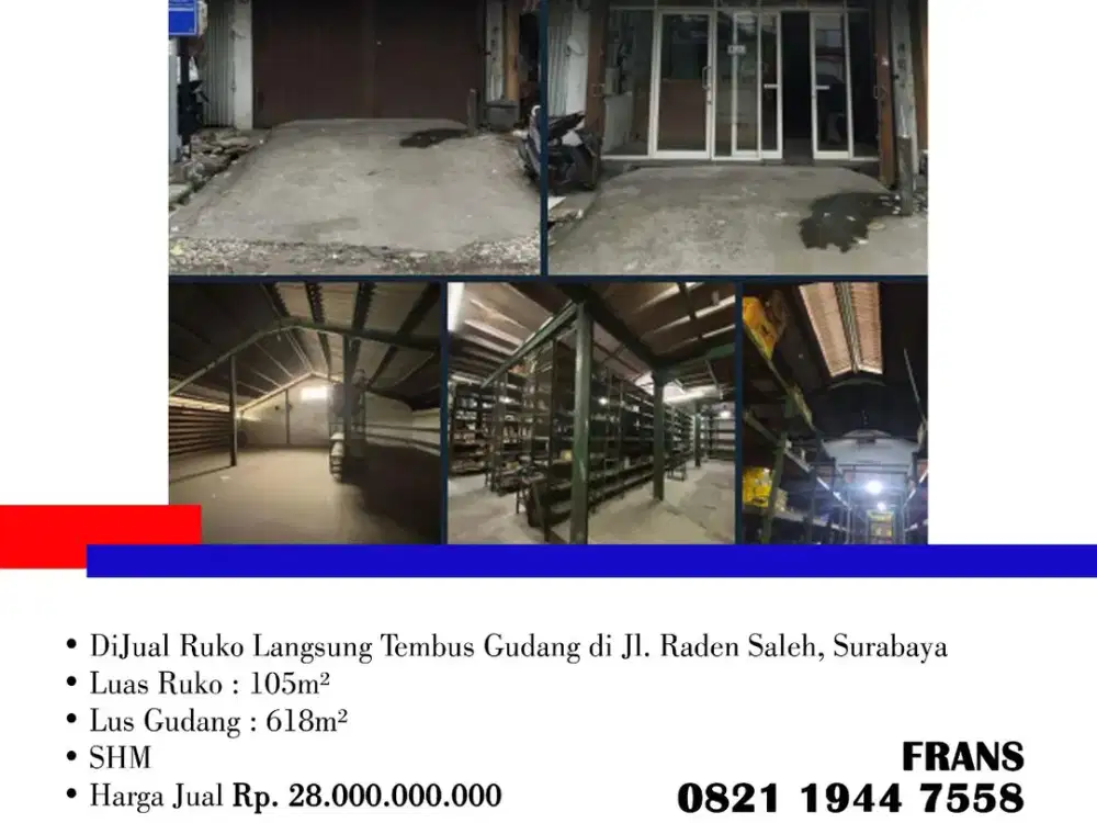 DiJual Murah Ruko Langsung Tembus Gudang di Jl. Raden Saleh, Surabaya