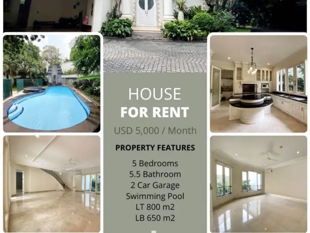 Disewakan Townhouse Mewah Jeruk Purut Jaksel, LT 800 m², LB 650 m², 2 Lantai, 5BR, Swimming Pool, Semi Furnished, $4,500/Bulan
