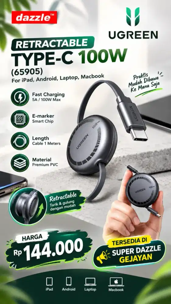UGREEN TYPE C TO TYPE C RETRACTABLE 100W CABLE (65905)