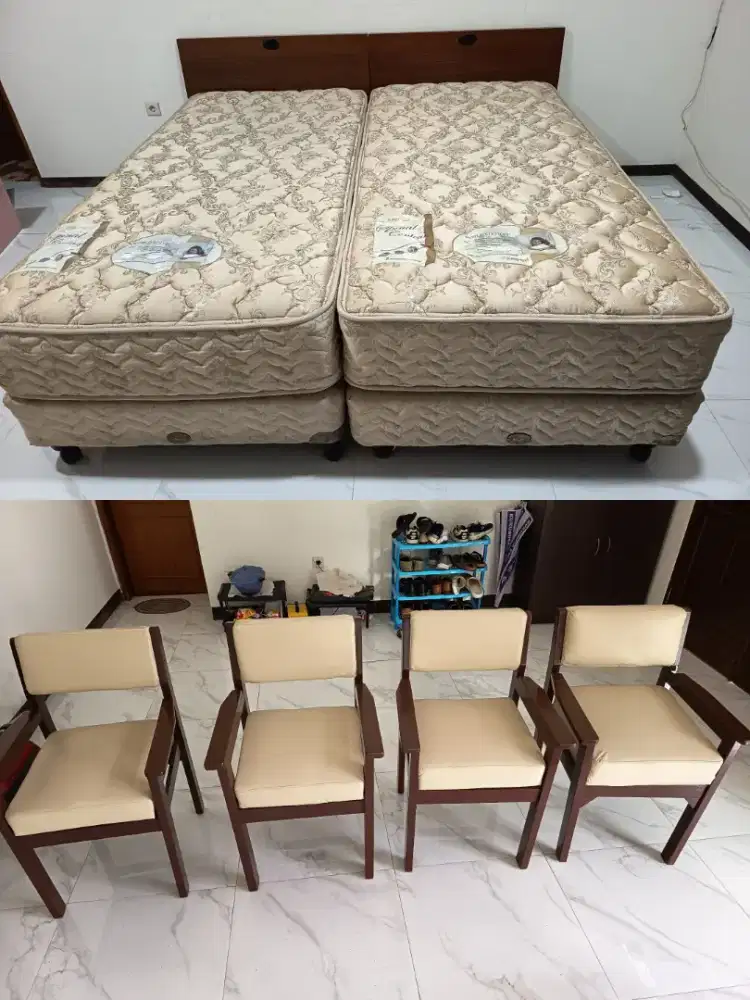 2 kasur KING KOIL 100x200+dipan+ sandaran+4 kursi sofa