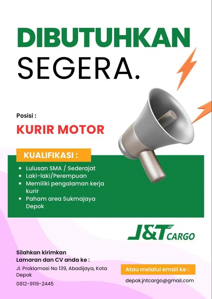 Di butuhkan kurir motor
