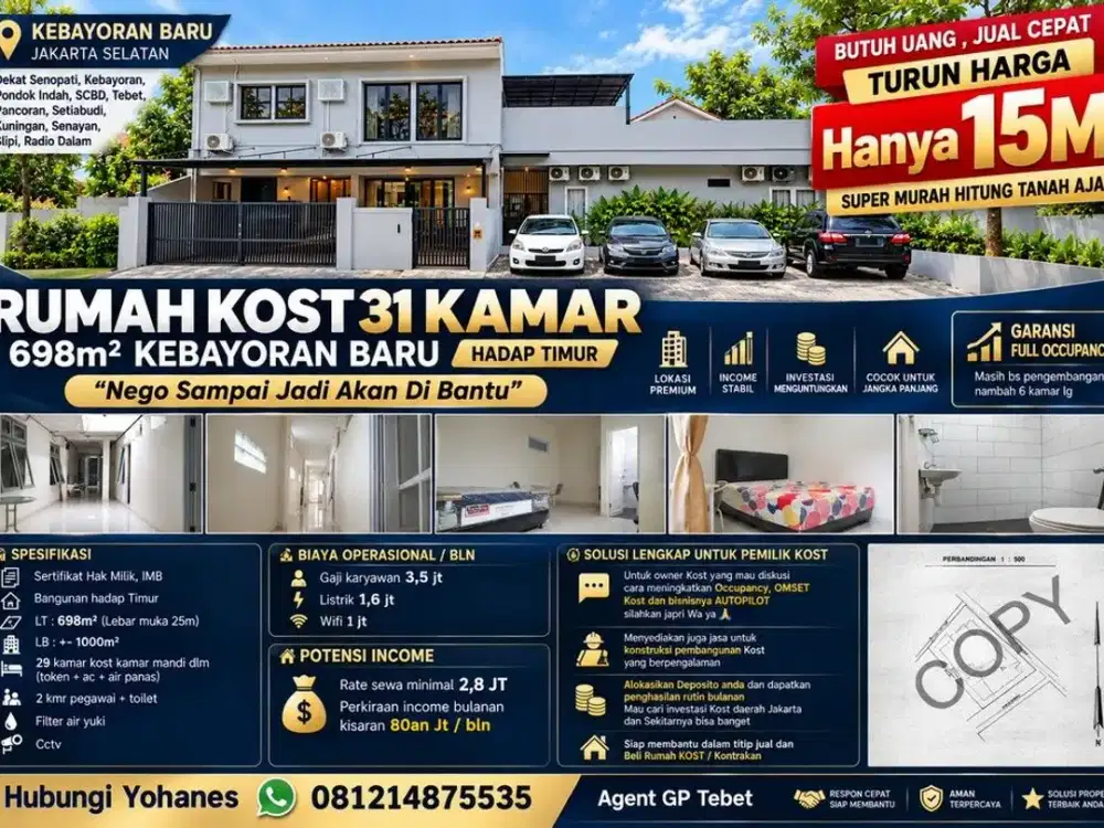 Rumah Kost Kebayoran Baru 31 Kamar 2 Lantai SHM