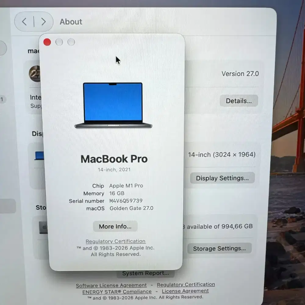 Macbook M1 Pro 14 Inch Ram 16 Ssd 1 Tb lengkap full set Space Grey