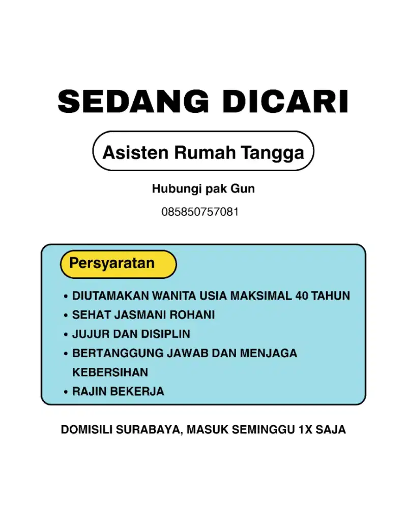 DIBUTUHKAN Asisten Rumah Tangga Surabaya