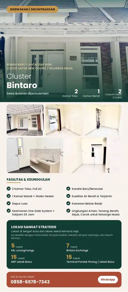 Rumah Baru 1 Lantai Siap Huni - Cluster Bintaro (Sewa monthly / yearly