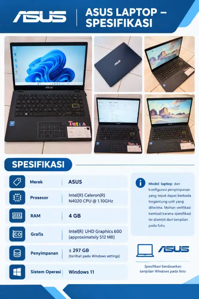 ASUS VivoBook E410MA/L410MA, Celeron N4020, RAM 4 GB,