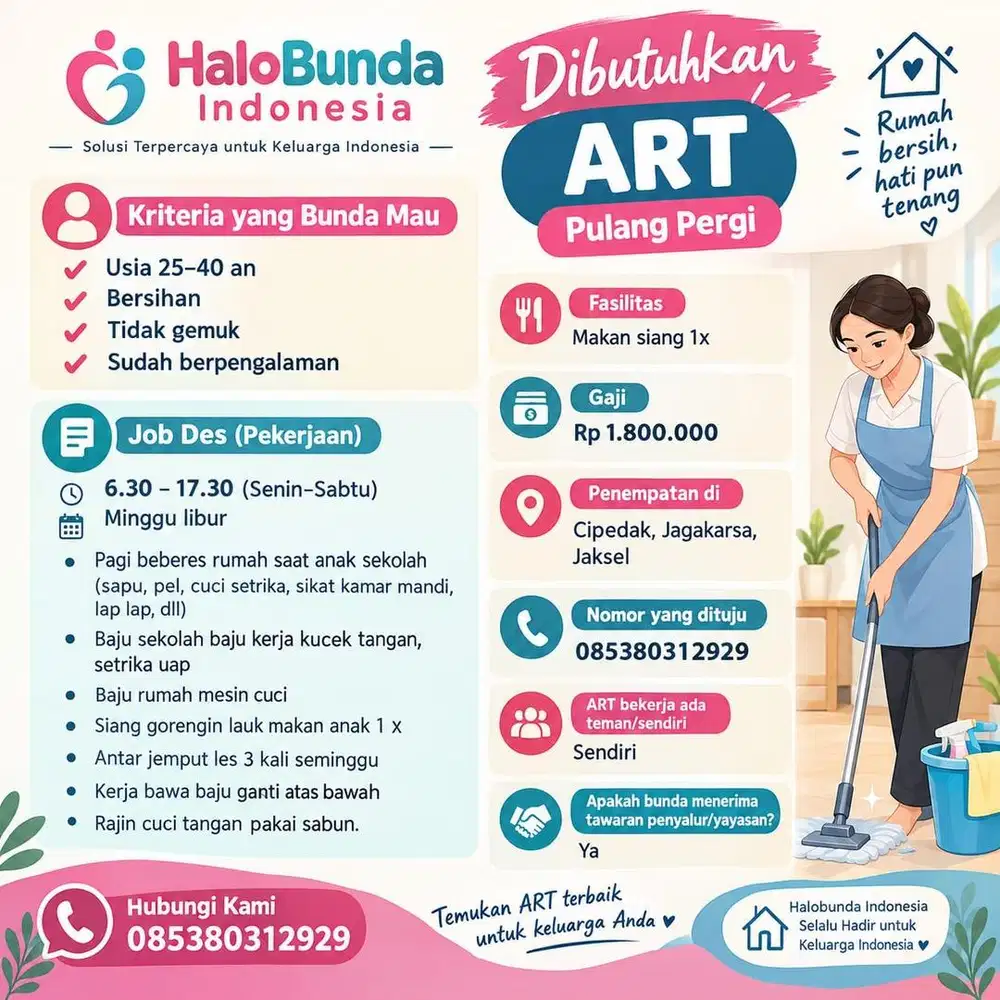 Lowongan Pekerjaan ART Pulang Pergi ( beberes + jaga anak sd)