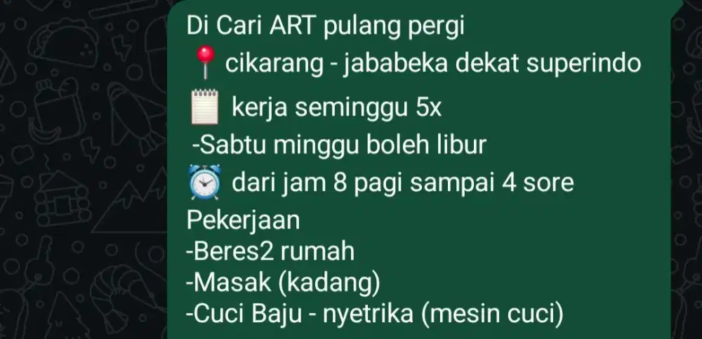Dicari ART TIDAK SETIAP HARI, pulang pergi