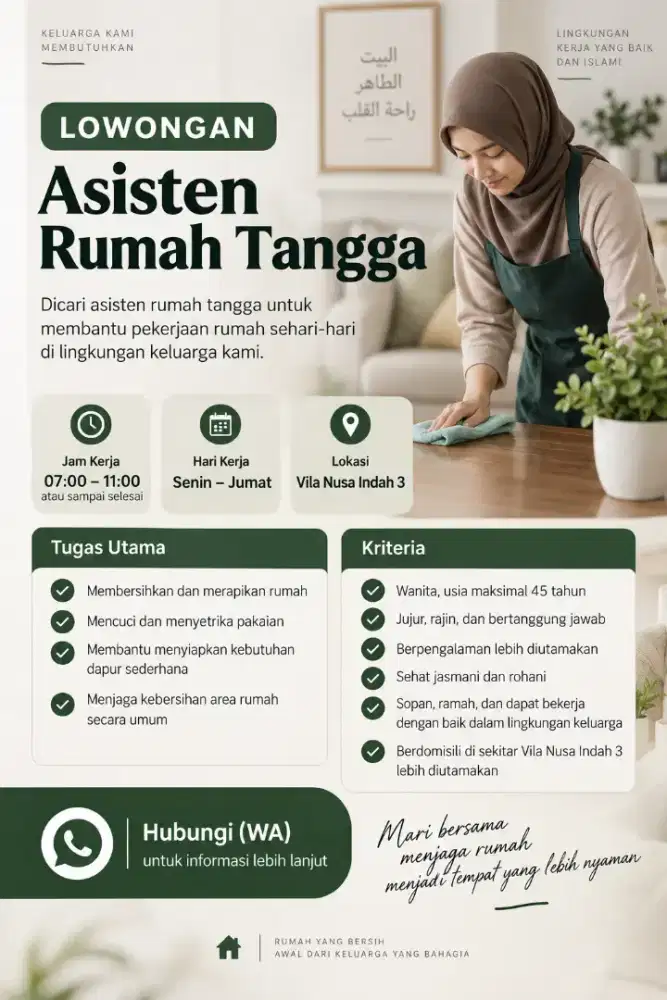 Dibuka lowongan ART Vila Nusa Indah 3