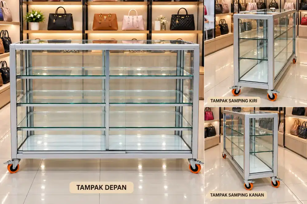 Dijual etalase kaca aluminium bekas kondisi masih layak dan kokoh.