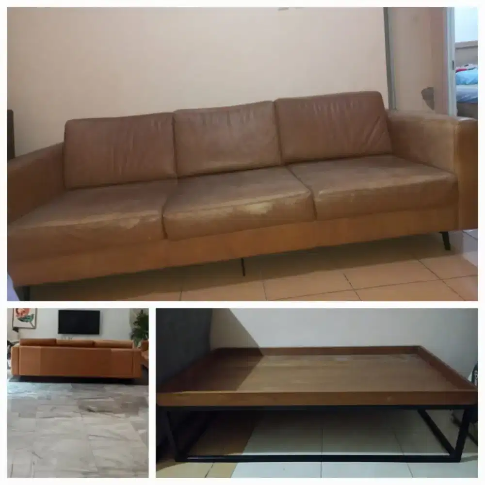 BU CEPAT Paket Furnitur Sofa Kulit 3 Seater + Coffee Table Industrial