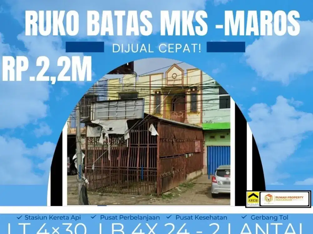 Ruko Poros Perintis kemerdekaan  30 m stlh tugu perbatasan Makassar Maros, SHM, Dkt Alfa Mart LT 4×30, LB 4X 24 Rp. 1,8 M