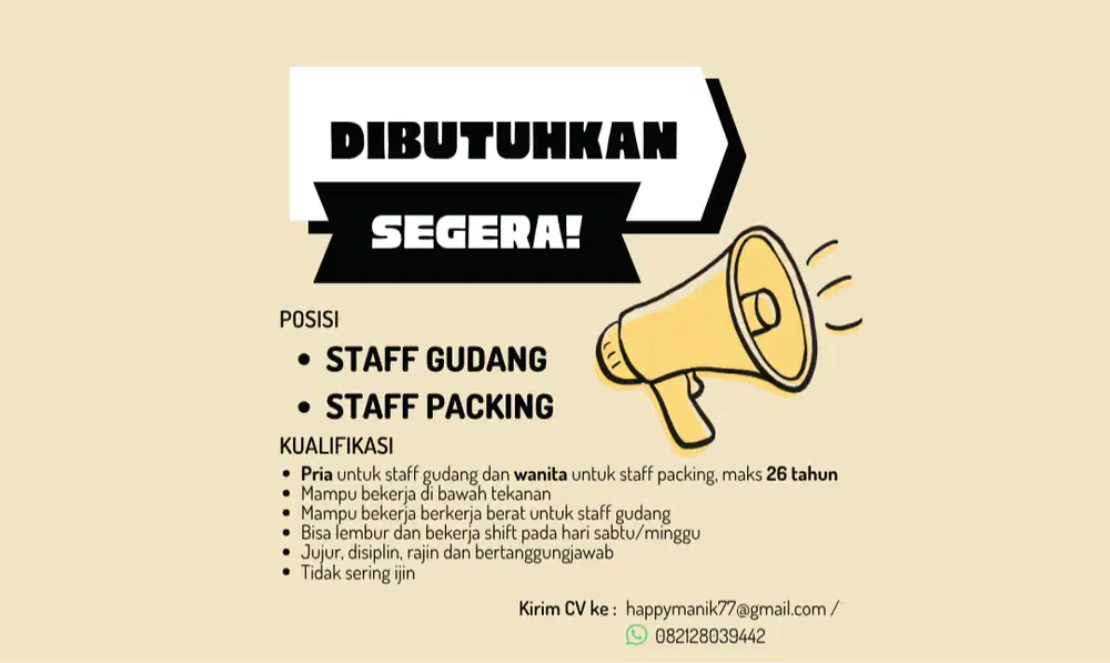 Dibutuhkan Karyawan Cewek/Cowok Staff Packing atau Gudang