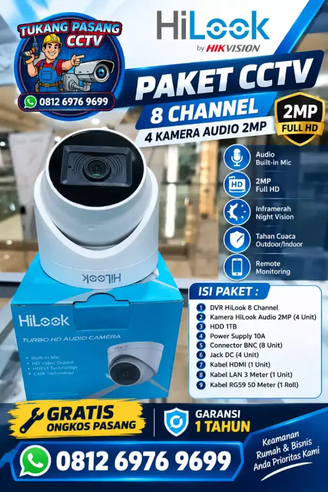 Paket cctv hilook 8 ch 4 kamera audio 2mp