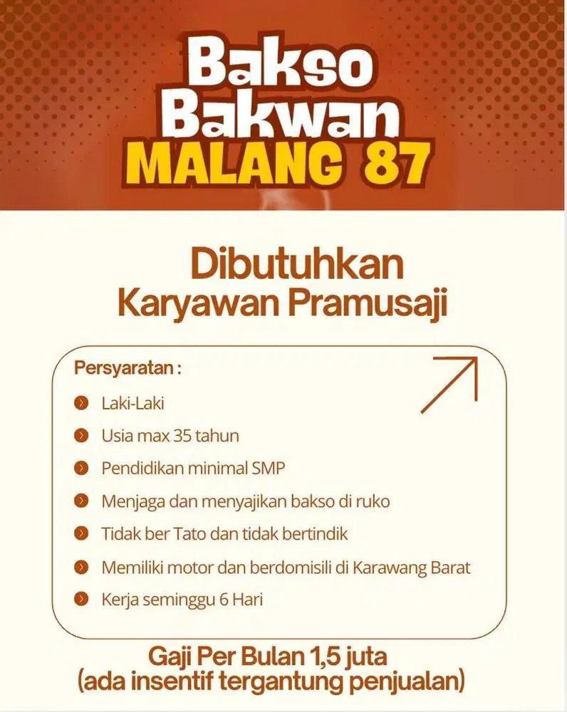 Lowongan kerja pramusaji bakso di ruko teluk jambe kab karawang barat!