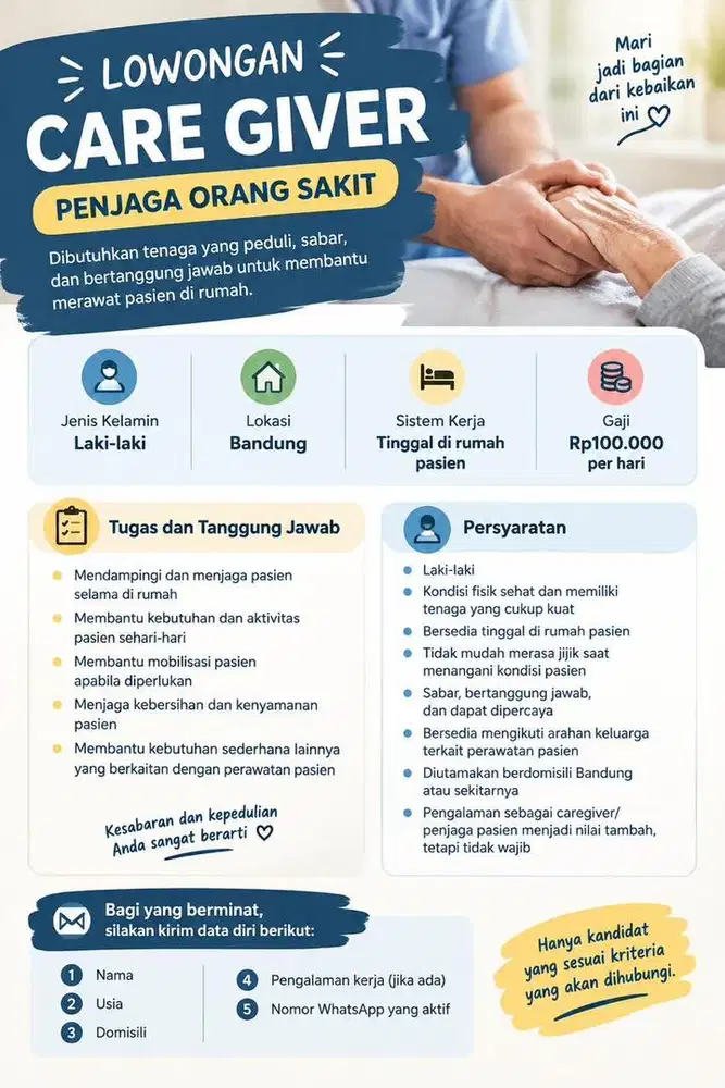 LOWONGAN CAREGIVER/PENJAGA ORANG SAKIT – LAKI-LAKI – LIVE IN