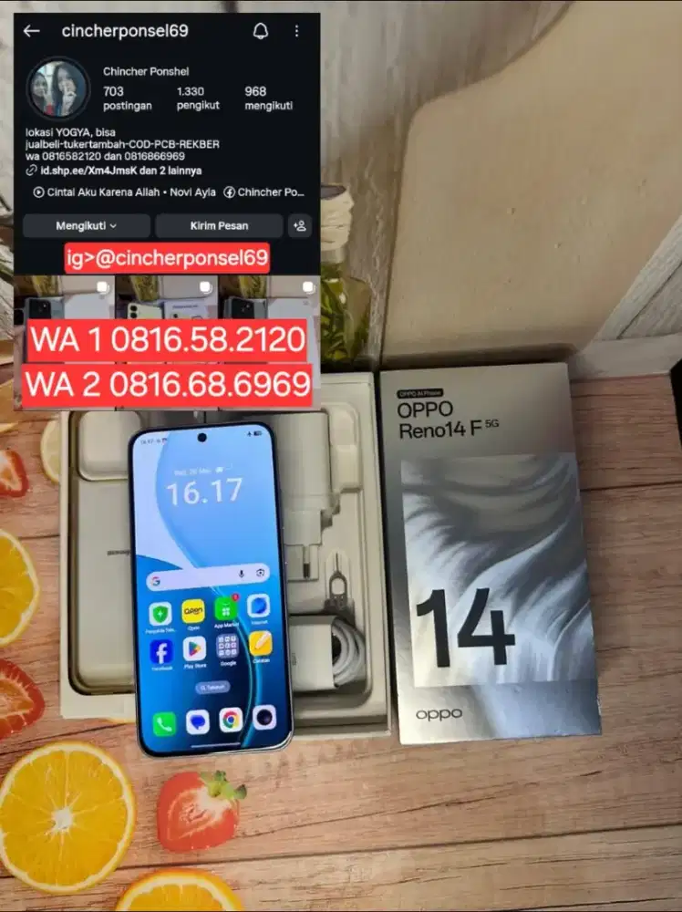 Jual hp LIKENEW oppo reno 14f 5g 12/256 istimewa grns resmi AKTIF