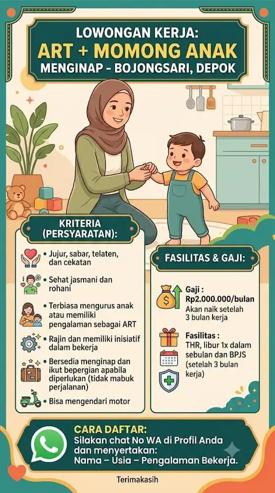 Lowongan ART Menginap, Memasak, Momong anak