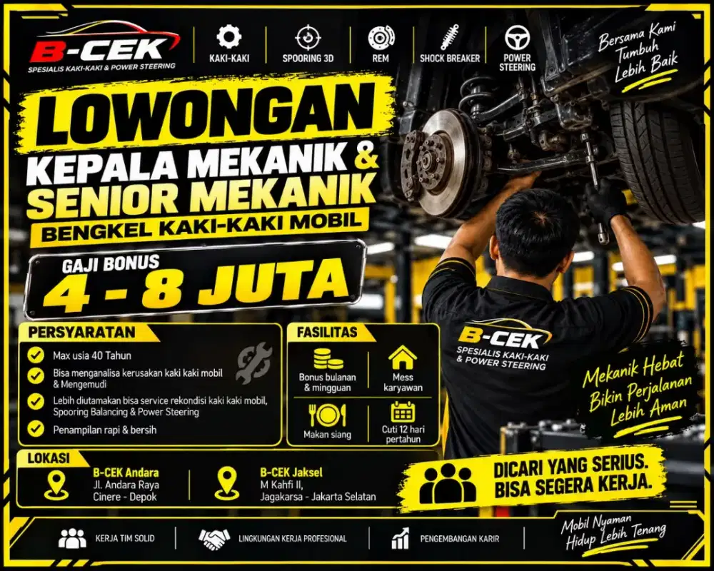 LOWONGAN MEKANIK BENGKEL KAKI KAKI MOBIL JAKARTA DEPOK