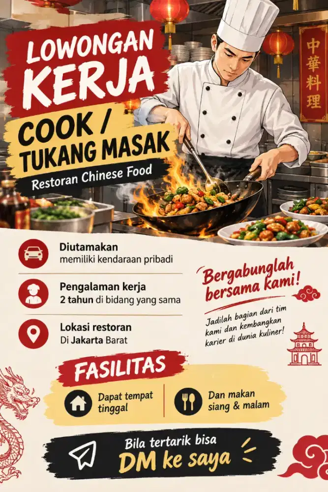 Di butuhkan Cook / tukang masak untuk Restoran Chinese food