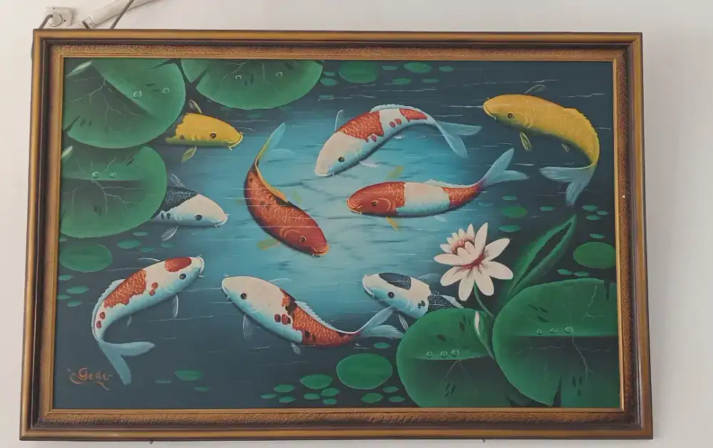 Lukisan 9 ikan Koi bunga tratai