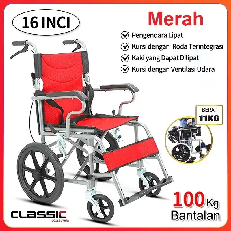 Kursi Roda Lipat Travel CLASSIC 16 Inci Merah - Ringan 11kg